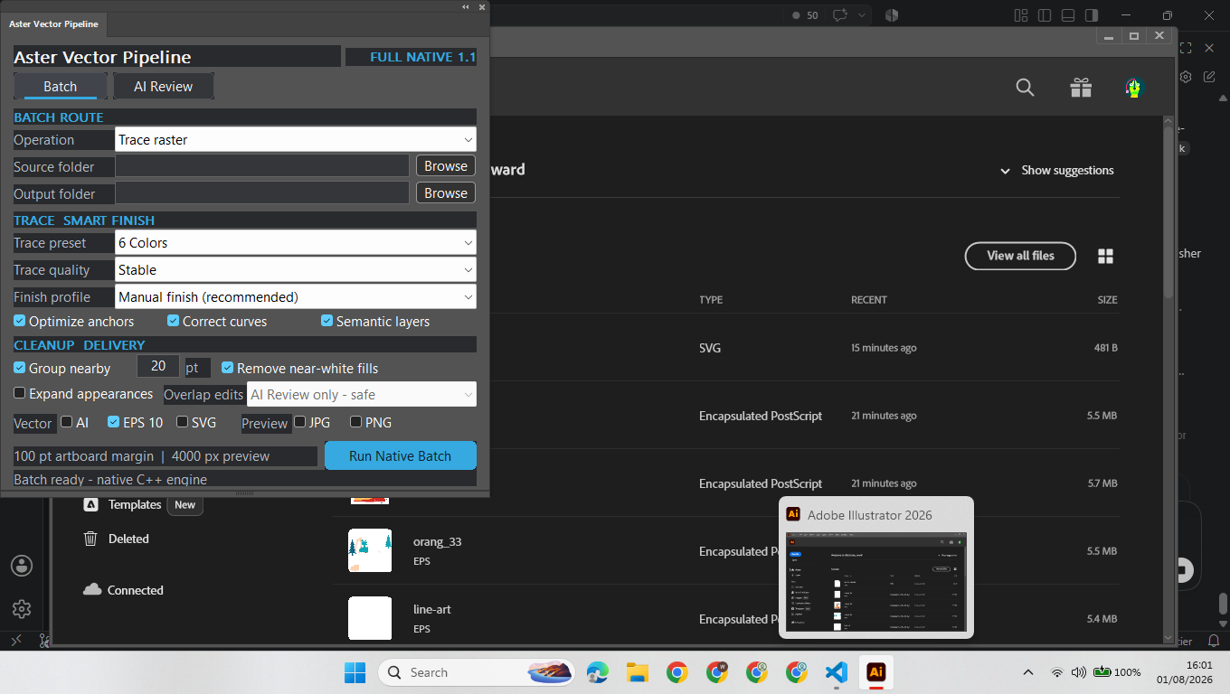 AZTER native Illustrator panel under internal validation